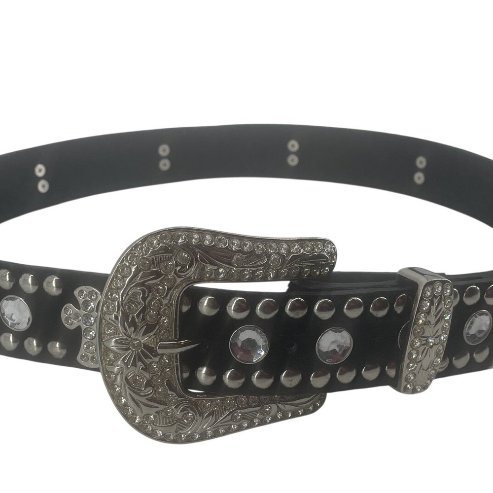 Leather Rhinestone Belt Women's M/L Black Cross Bling Cowhide Rockabilly Western